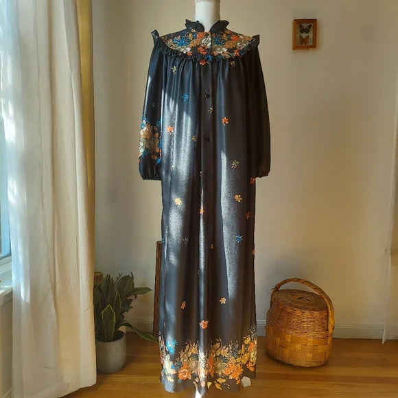 Vintage 70s M Floral Black Maxi Night Dress Jaudabar - Picture 2 of 10